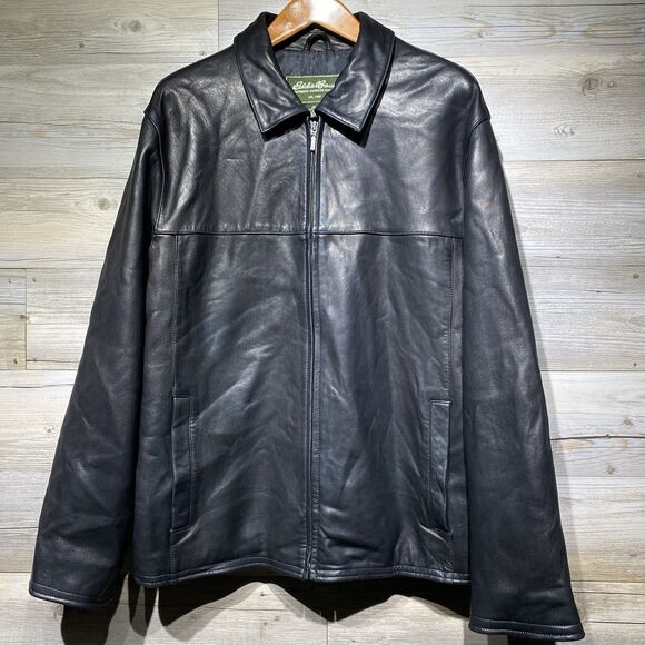 Eddie Bauer Jacket Black Soft Lamb Leather Jacket Coat Full Zip Mens XL Tall - Picture 1 of 10